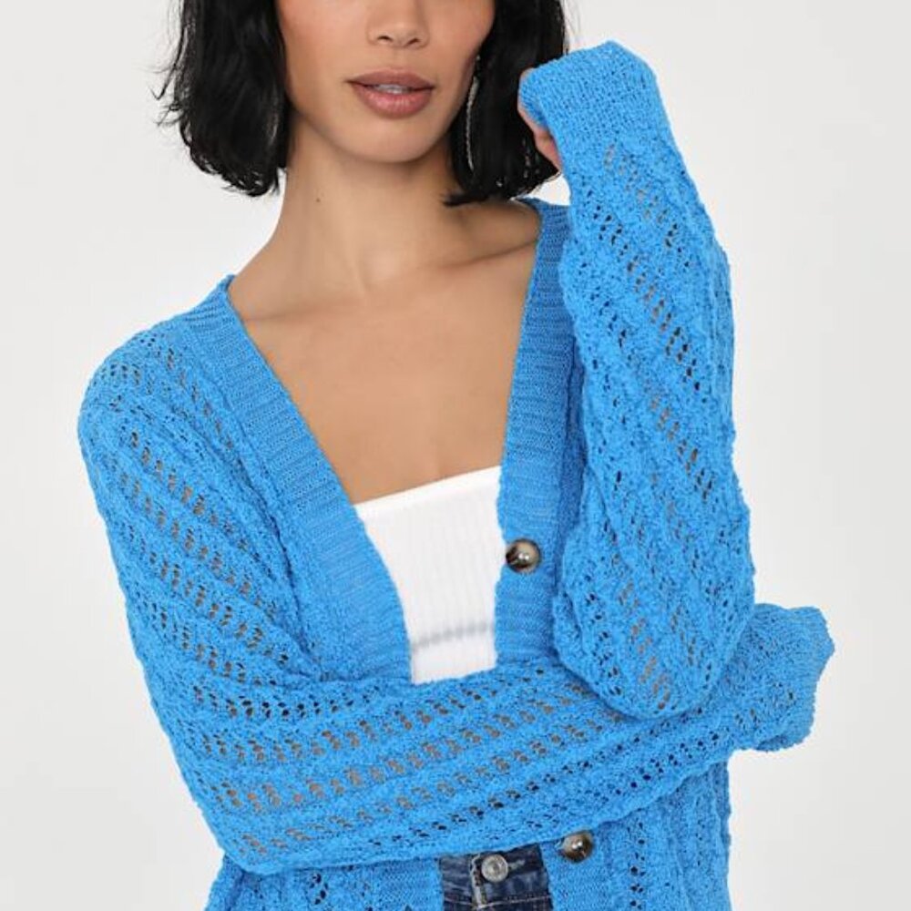 Lulus Stylish Layer Blue Loose Knit Button-up Cardigan Sweater - Size M